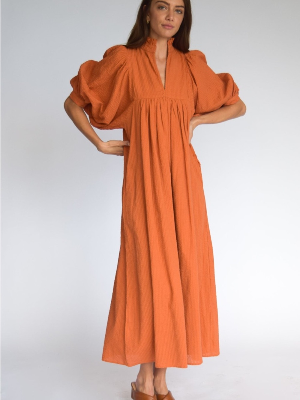 Never A Wallflower High Neck Midi Burnt Orange Seersucker Small